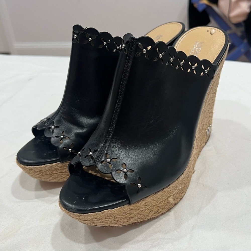 Michael Kors espadrilles woven pump sandals studs and cut outs black leather8.5 - Picture 6 of 6